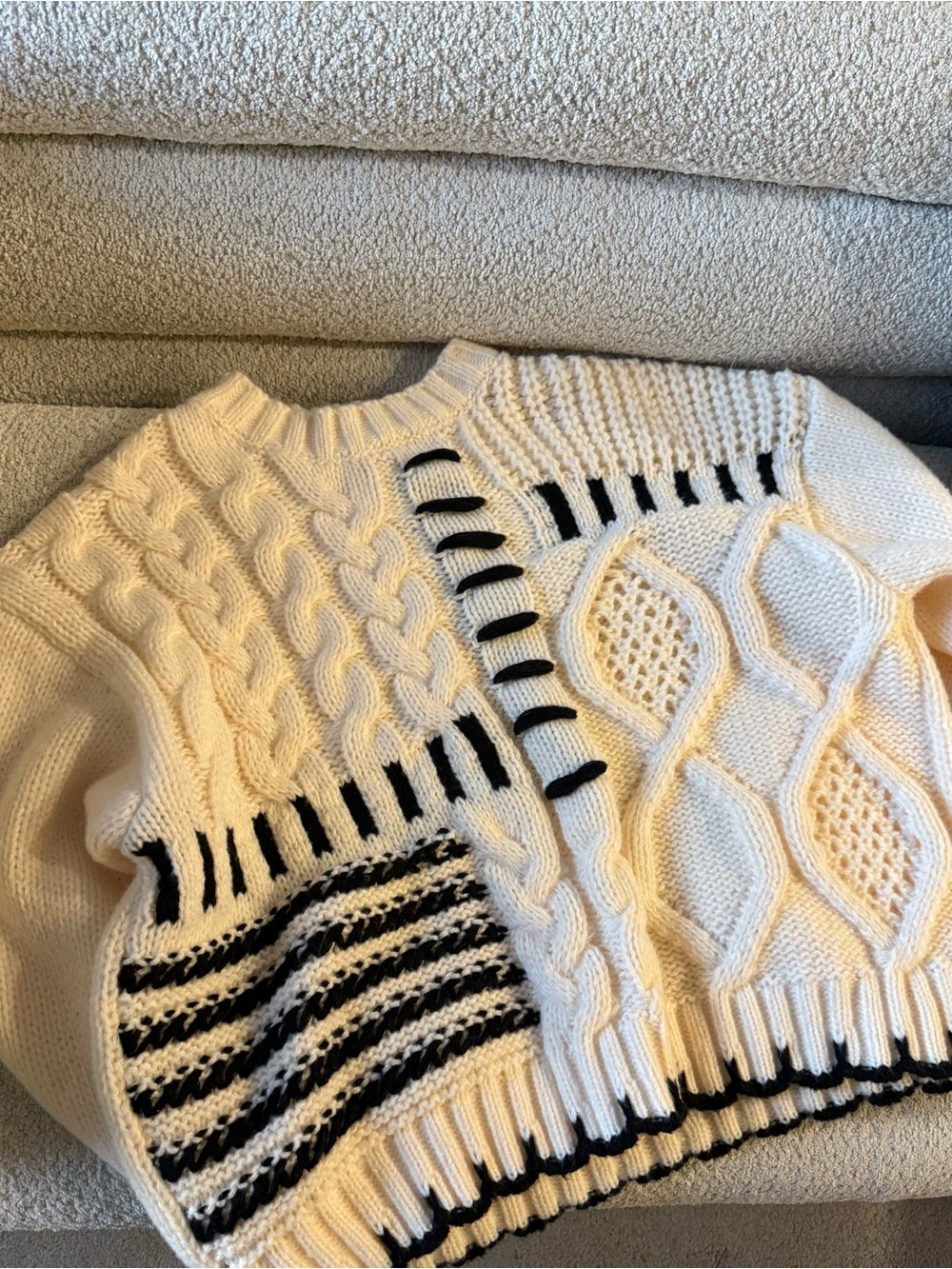 Cream Cable Knit Sweater with Black Contrast Stitching